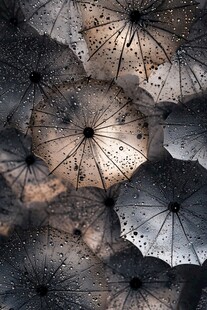 雨中交织的复古伞阵