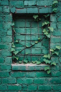 绿砖墙上爬满藤蔓的小窗