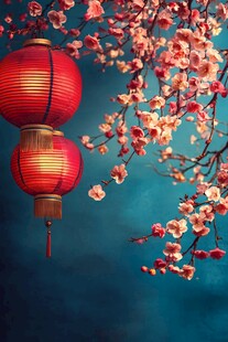 红灯笼映粉花枝景