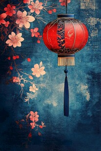 中式红灯笼与烂漫花枝
