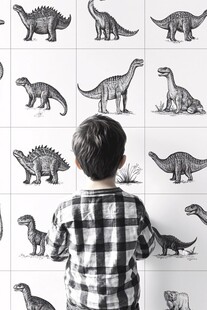 小孩观赏墙上的恐龙图案