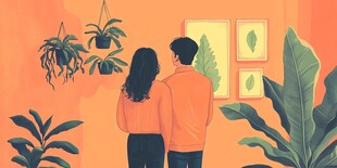 情侣共赏室内绿植风景