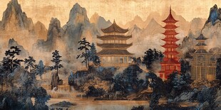 中式山水楼阁古风美景图