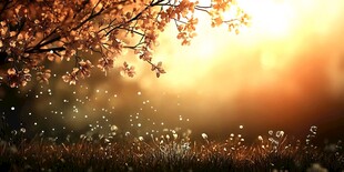 夕阳下烂漫盛开的樱花树