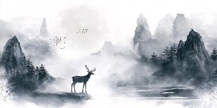 水墨山水间的孤鹿