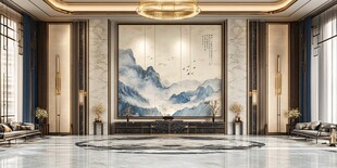 中式奢华大厅 山水壁画装饰