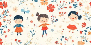 欢乐儿童在花丛中嬉戏