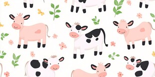 可爱奶牛花卉无缝图案
