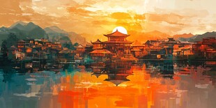 夕阳下的中式水乡美景