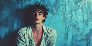 忧郁男子靠墙的静谧瞬间