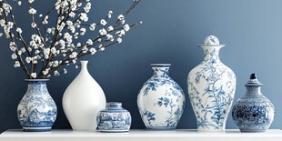 蓝白瓷瓶与素雅花枝陈列