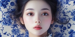 蓝花背景下的唯美少女