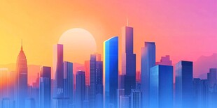 夕阳下的梦幻都市天际线