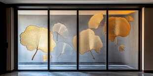 玻璃上的创意金色叶片装饰