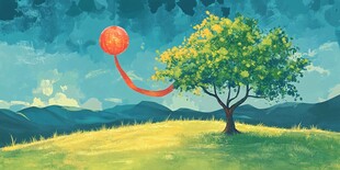 草地孤树旁的红色气球