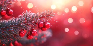 圣诞红果松枝梦幻背景