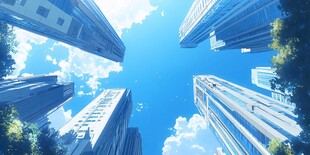 仰视都市高楼动漫风景