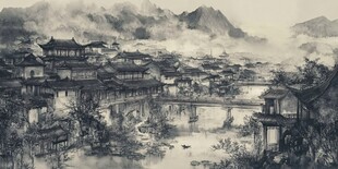 水墨江南古镇山水画卷