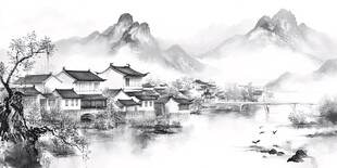 水墨江南山水人家图景
