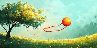 田园间飘飞的橙色灯笼