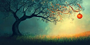 月夜树影下的红灯笼