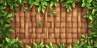 木质编织背景配翠绿叶子