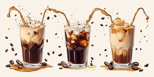 三杯冰咖啡的动感瞬间