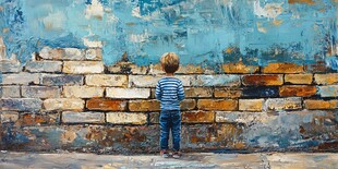 小孩凝视斑驳砖墙的背影