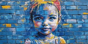 蓝墙童趣涂鸦小女孩肖像