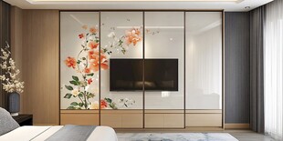 中式花卉风卧室电视背景墙