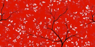 红底白叶树枝图案背景