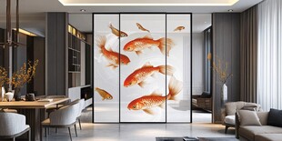 中式客厅中的九鱼图屏风