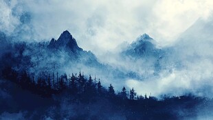 梦幻蓝调山间迷雾森林景