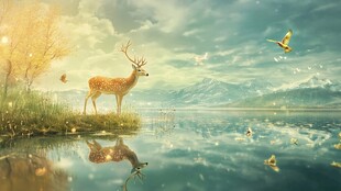 湖畔仙鹿 飞鸟相伴的美景