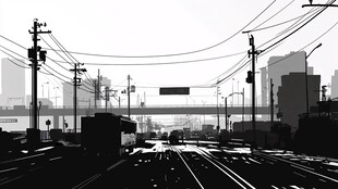 城市铁路与交错电线景象