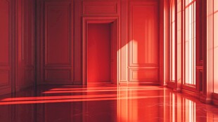 红色光影下的静谧空房间