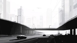 城市高架桥交通黑白景象