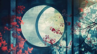 中式圆窗映红枝景韵