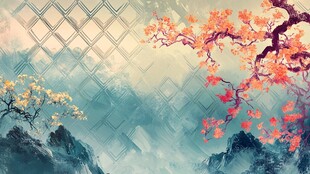 中式古风山水花卉美景图