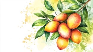 水彩绘枝头饱满诱人芒果