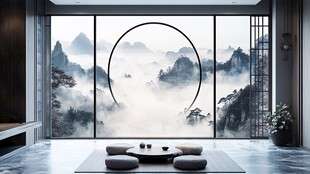 中式茶室 窗外山水意境美