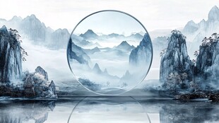 水墨山水圆镜意境图