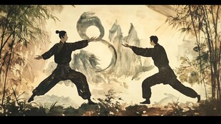 双人太极对决水墨画意境