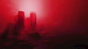 红色迷雾中的都市景象