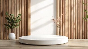 木质背景中的圆形展示台