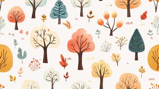 秋季树木与落叶无缝图案