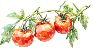 水彩绘枝头鲜美的西红柿