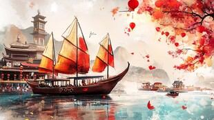 古风江上帆船与红枫美景