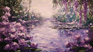 梦幻紫色花卉河畔美景