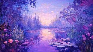 梦幻紫色河畔花卉美景